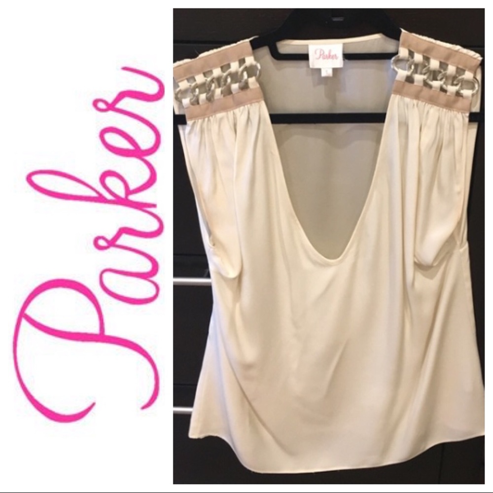 Parker Chain Accent Cream Silk Top, Size S